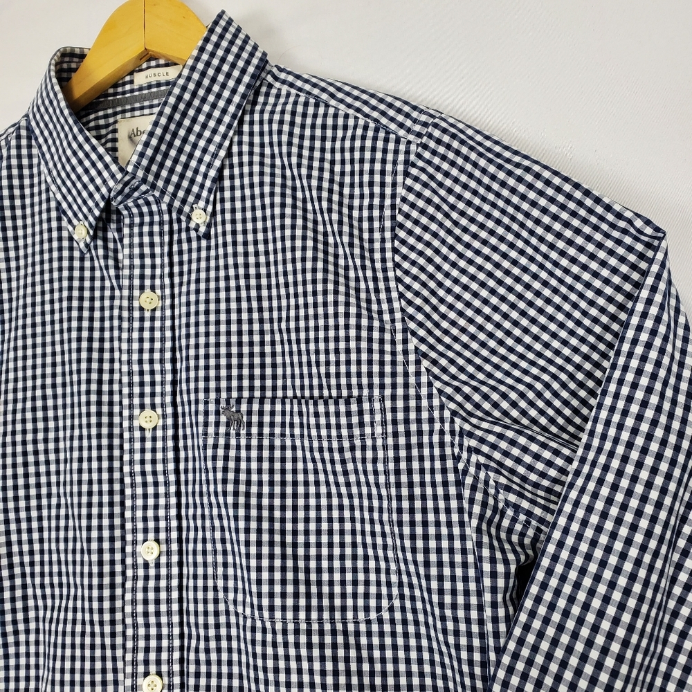 Abercrombie & Fitch Muscle Blue White Gingham Button Up Long Sleeve Shirt Sz XL